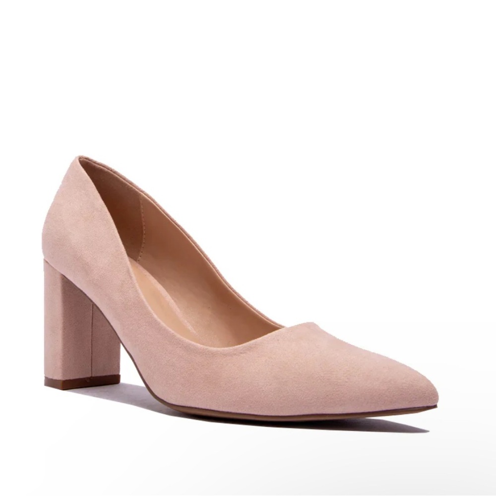Nude Suede Block Heel Pumps
